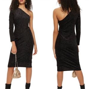 NWT Topshop Glitter Stripe Velvet One-Shoulder Dress Black/Silver [SZ 4 US]